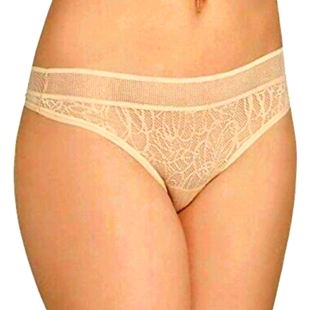 NWT Dkny Signature Tailored Nude Stretch Lace Floral Pattern Thong Panty Size S
